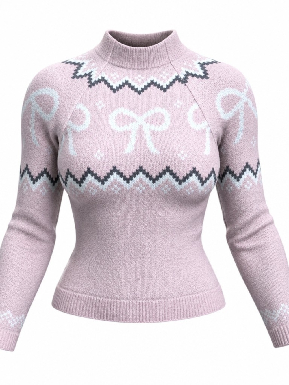 No Boundaries Girls Pink Fair Isle Mock Neck Sweater Size S 4-6 Bow Knit